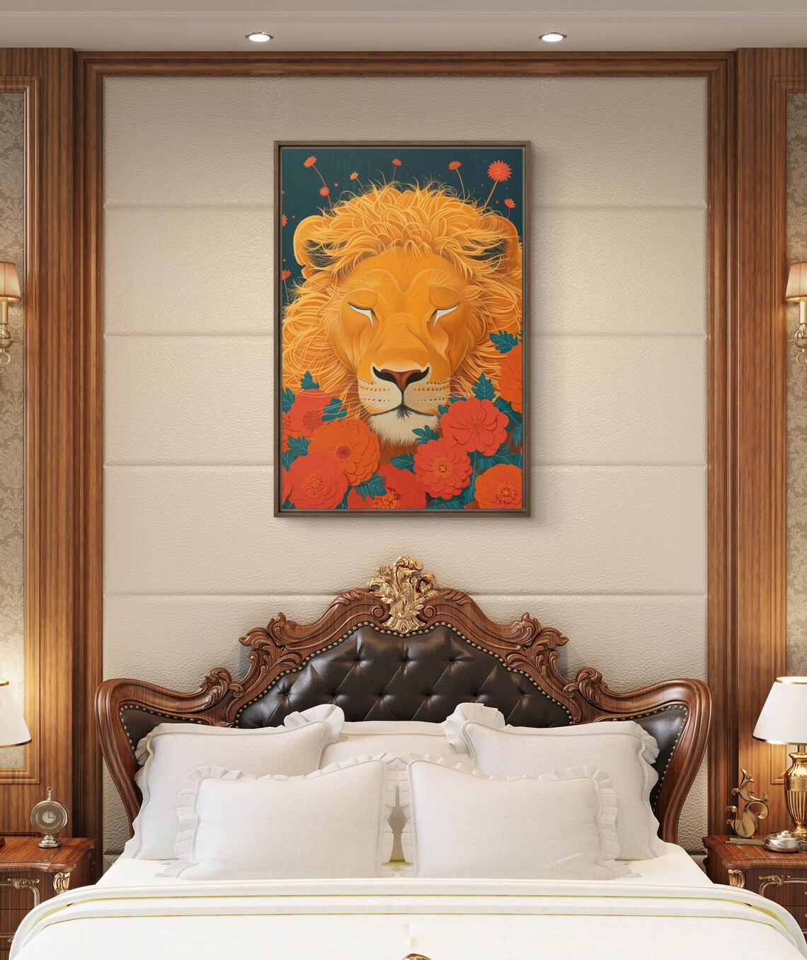 Sleeping Lion Face Surrounded by Red Flowers on Teal Background Art Print - Image 3