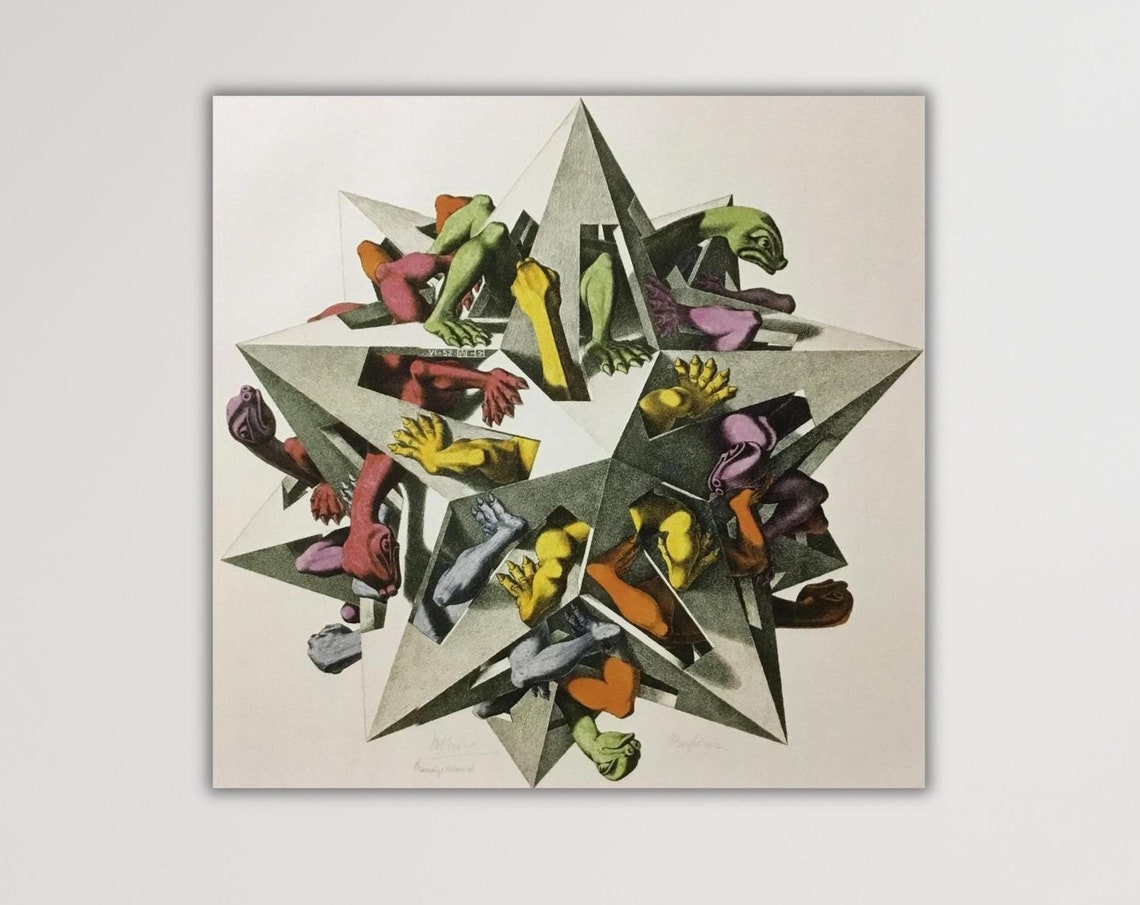 M C Escher Gravitation 1952 Color Polyhedron Turtle Optical Art Poster - Image 3