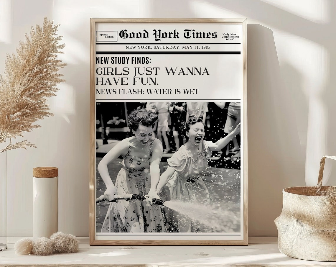 Girls Just Wanna Have Fun Trendy New York Newspaper Print Vintage Bar Cart Retro Wall Art Newspaper Headline Poster College Apartment Decor
