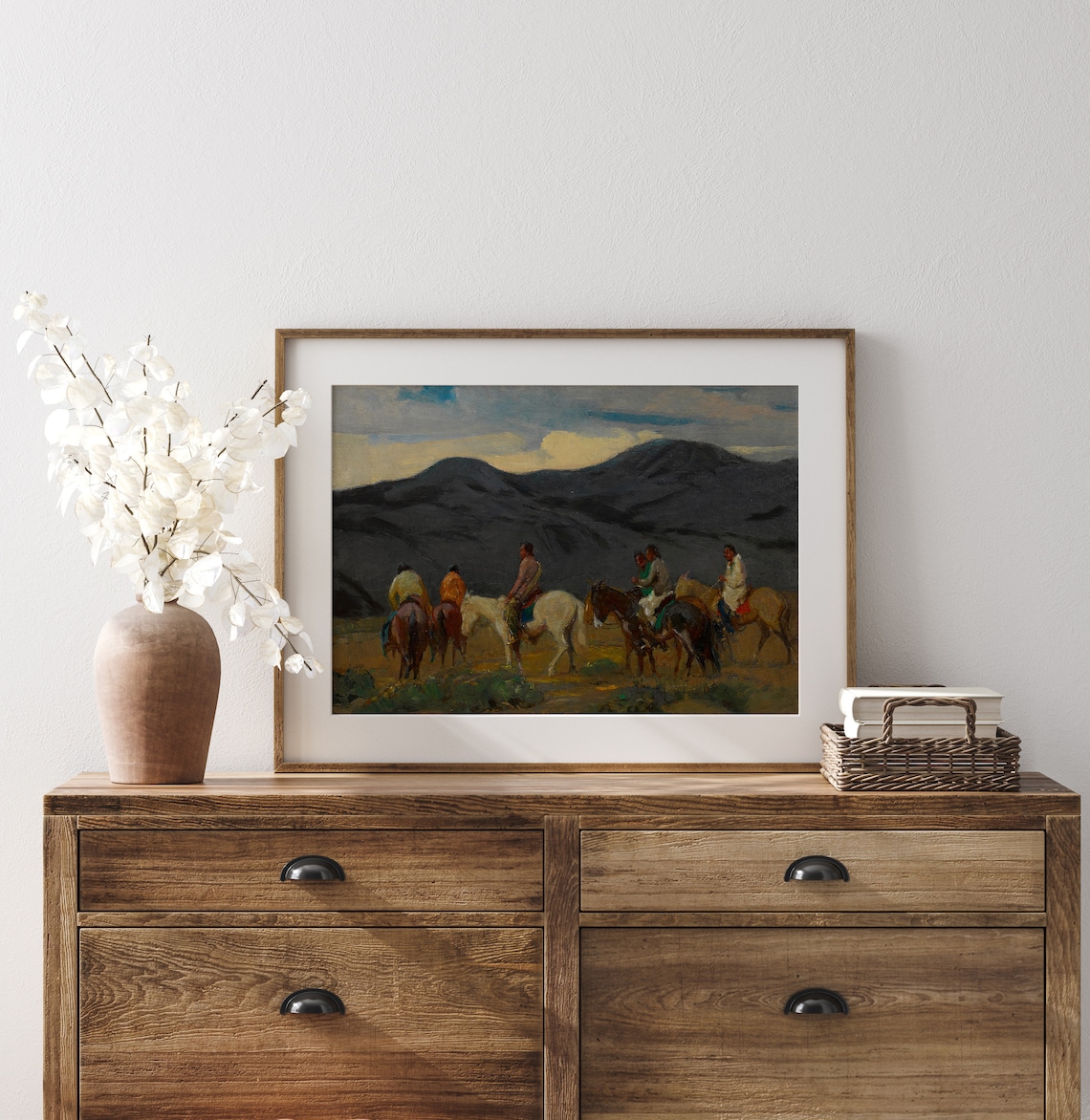Group of Native Riders on Horseback Dusk Mountains Western Art Print - Image 2