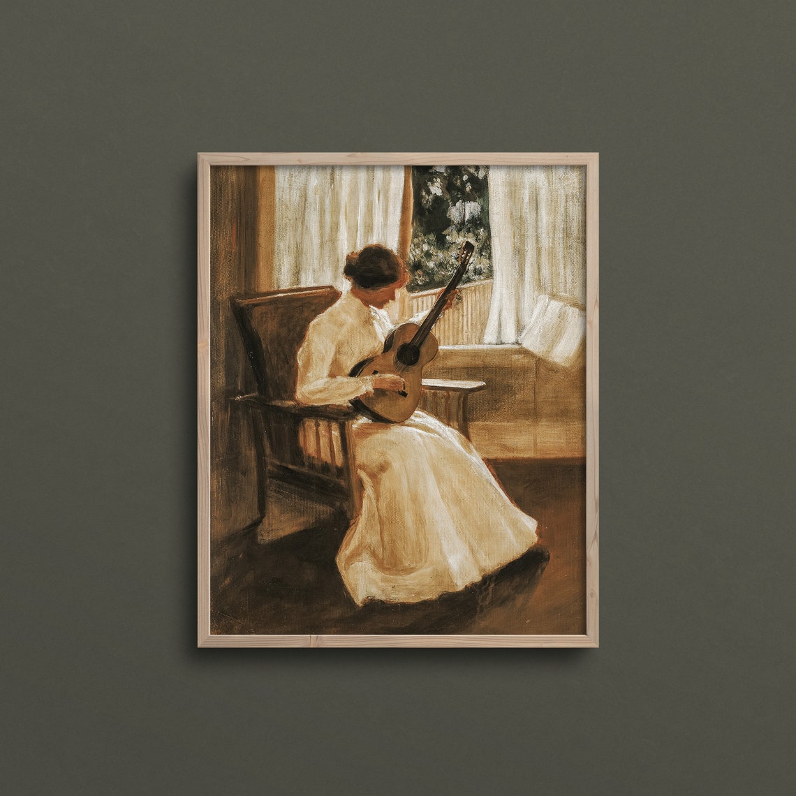 Woman Playing Guitar Window Vintage Portrait Warm Neutral Art Poster - Image 3