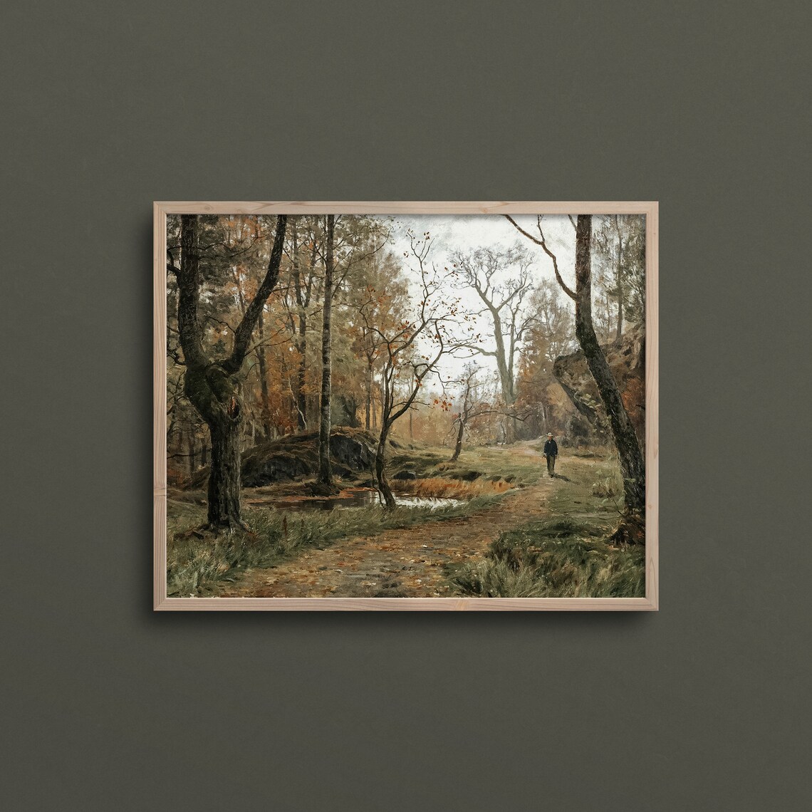 Autumn Woodland Walk Lone Figure Path Pond Vintage Art Print - Image 3