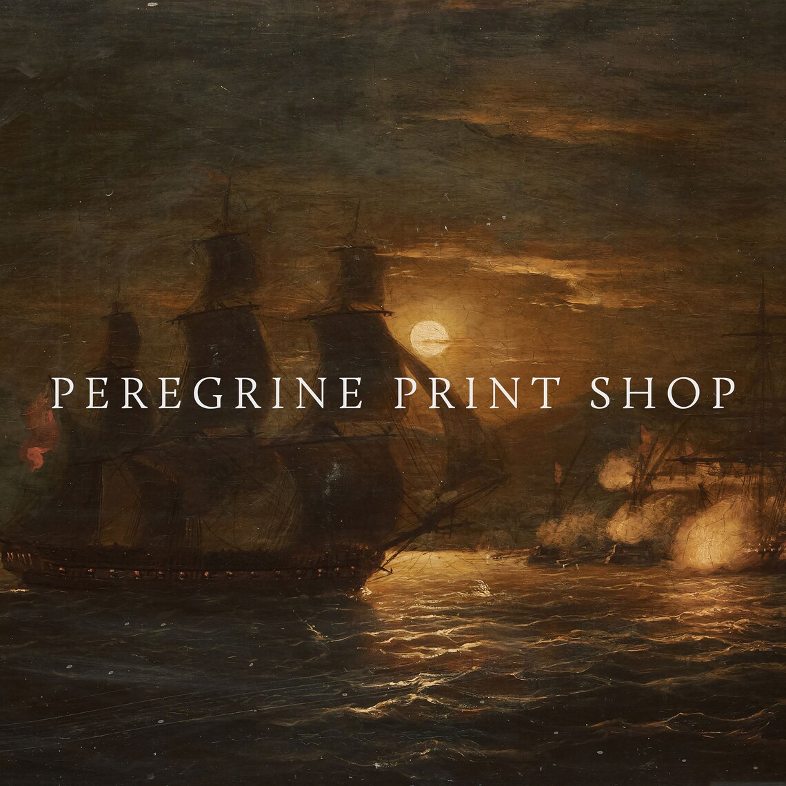 Tall Ships Battle At Night Moonlight Seascape Vintage Oil Painting Print - Image 2