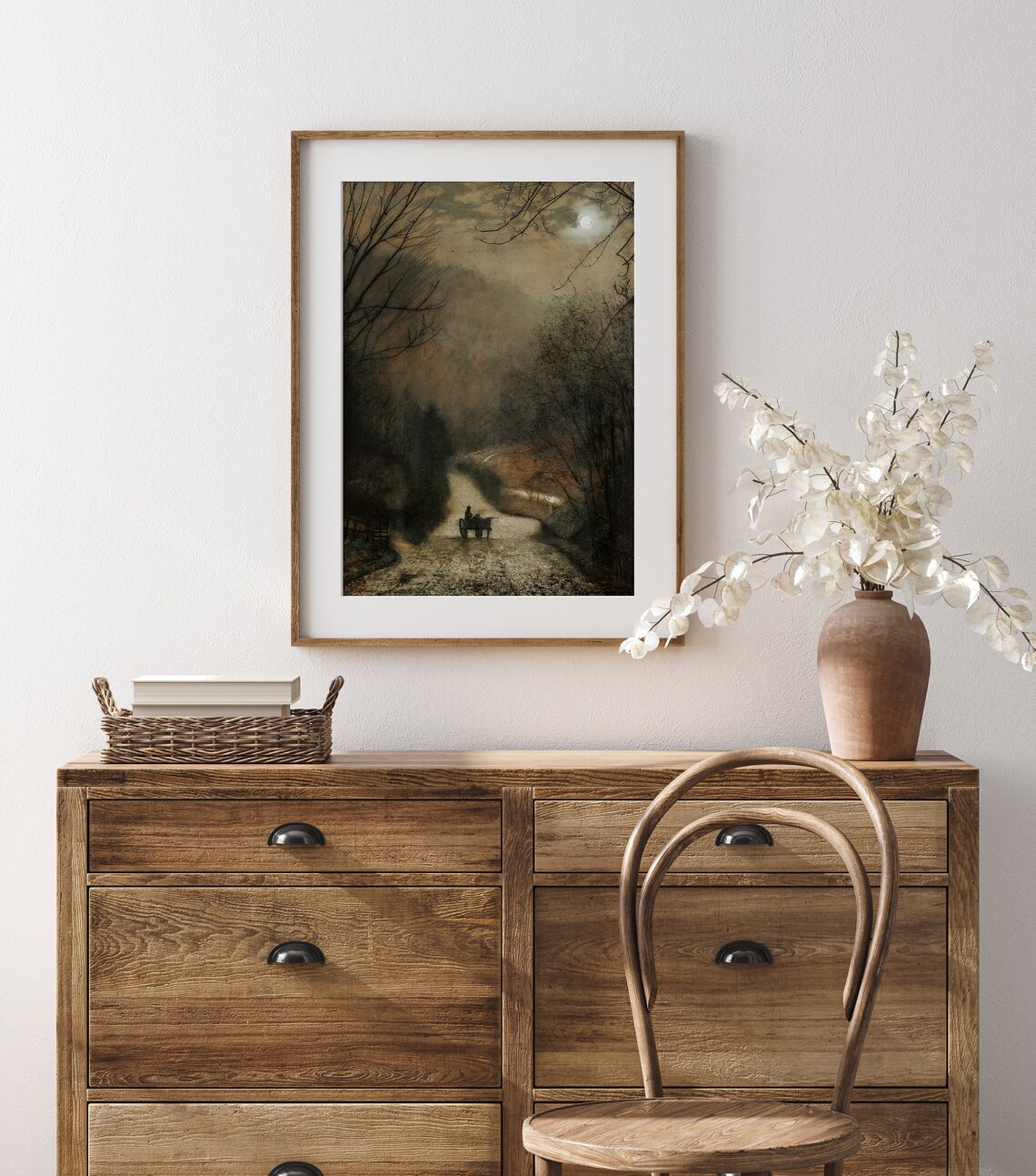Moonlit Country Road Vintage Oil Painting Night Sky Moody Landscape Poster - Image 2