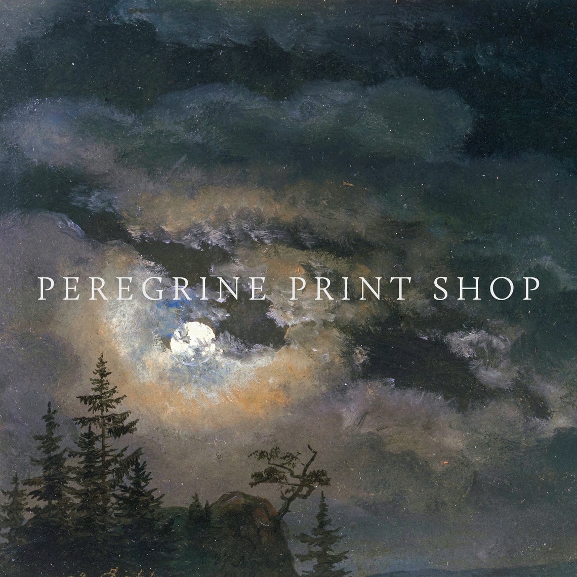Moon Behind Dramatic Clouds Night Pine Forest Vintage Art Print - Image 2