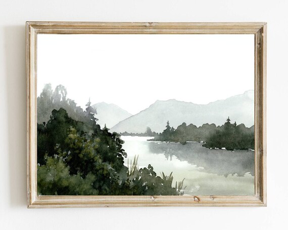 Foggy Lake Mountain Watercolor Art Print
