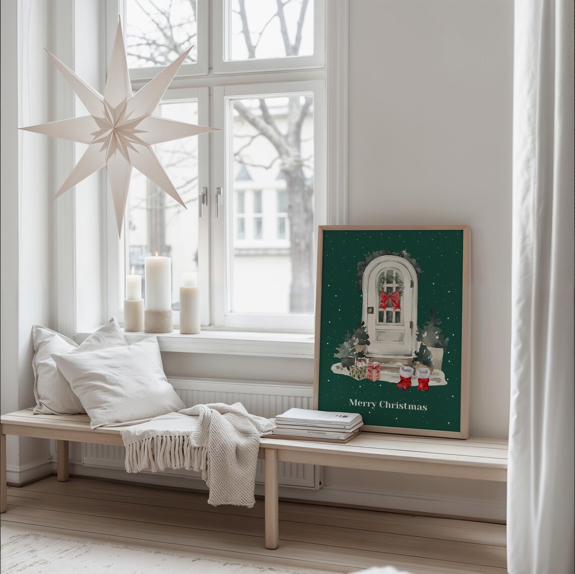 Merry Christmas Green Watercolor Door Wreath Stockings Holiday Poster - Image 2