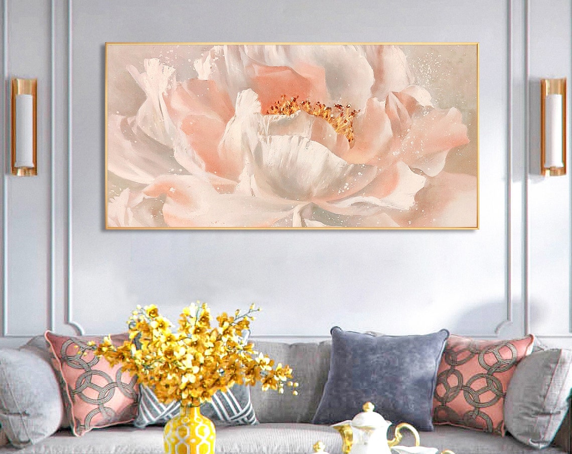 Blush Pink Peony Flower Close Up Panoramic Floral Art Poster