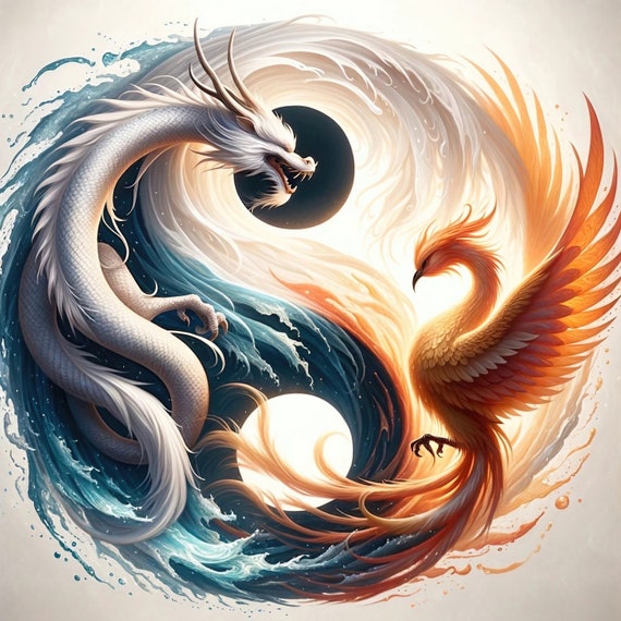 Dragon And Phoenix Fantasy Art Poster Print