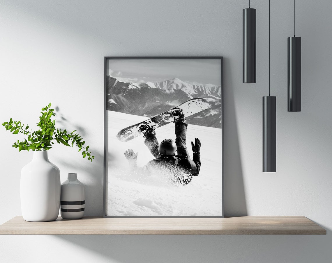 Dramatic Black and White Snowboarder Aerial Trick Action Photo Poster