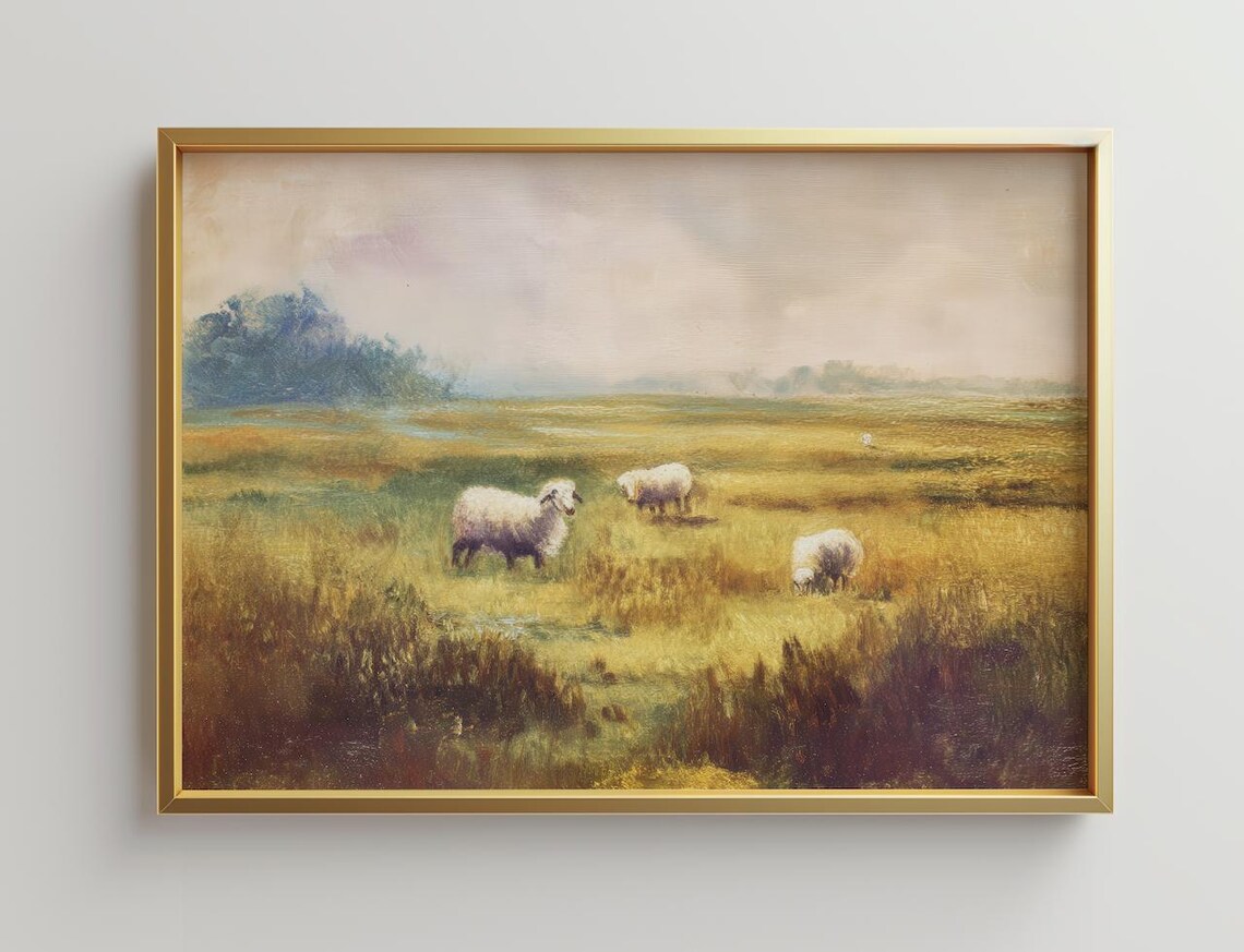 Sheep Golden Meadow Pastoral Oil Painting Rustic Farm Landscape Poster