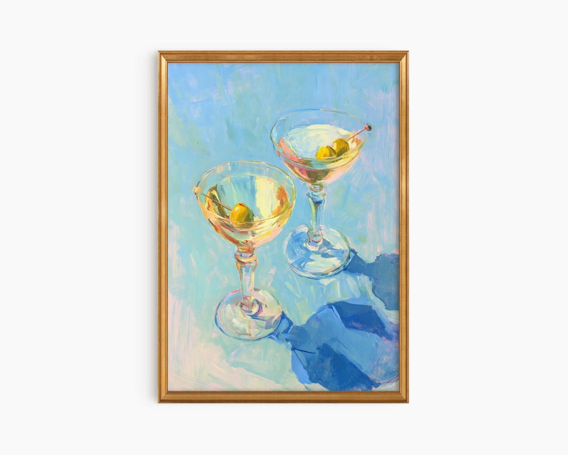 Two Martini Glasses With Olives Colorful Oil Painting Bar Cart Poster
