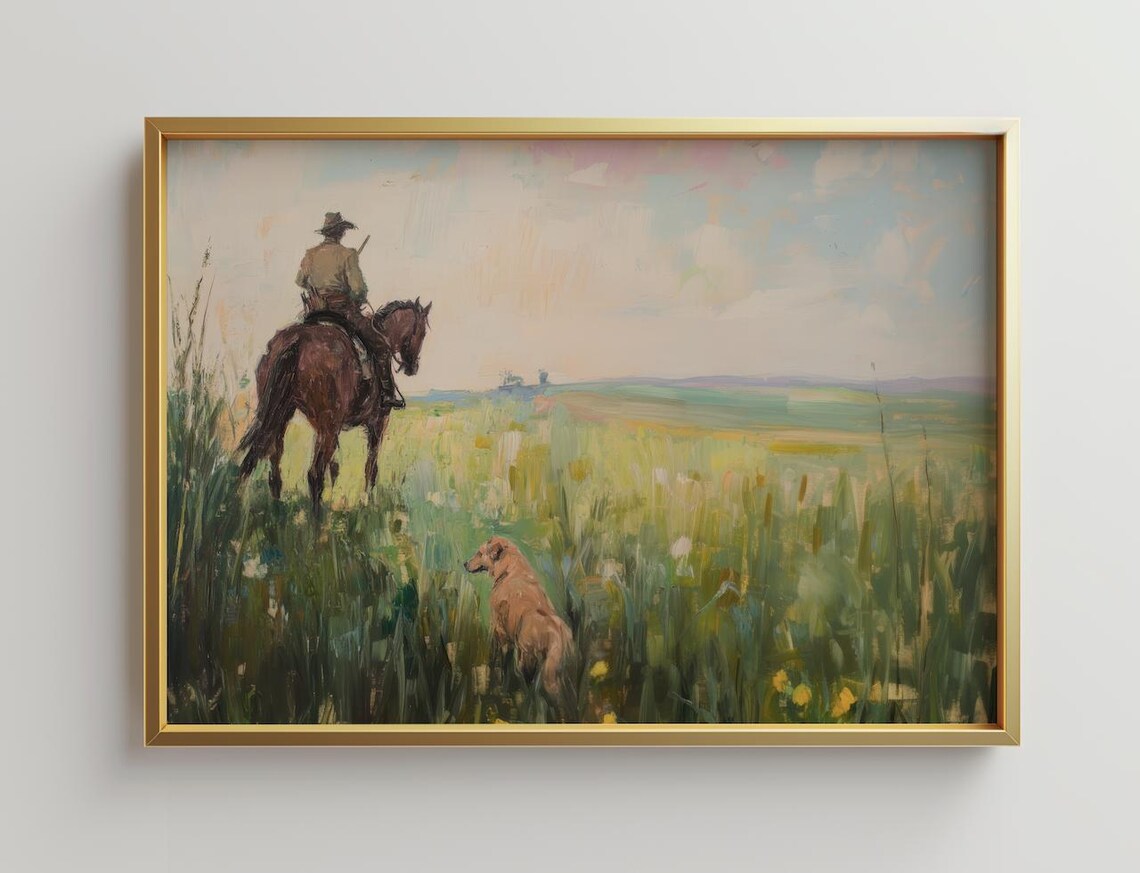 Horseback Rider And Dog In Meadow Vintage Western Art Poster