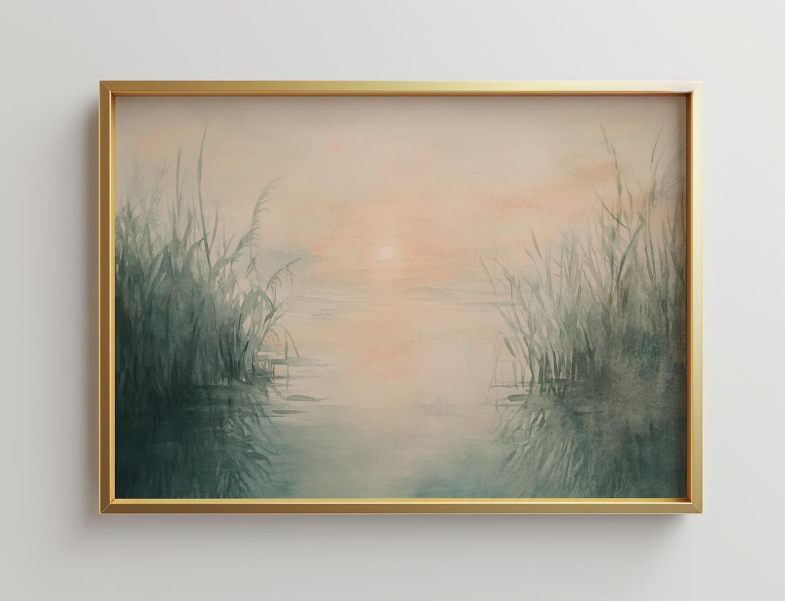Riverbank Sunset Art Print, Neutral Landscape