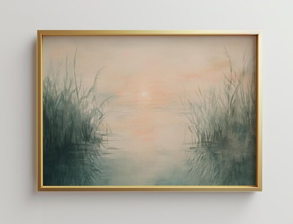 Riverbank Sunset Art Print, Neutral Landscape