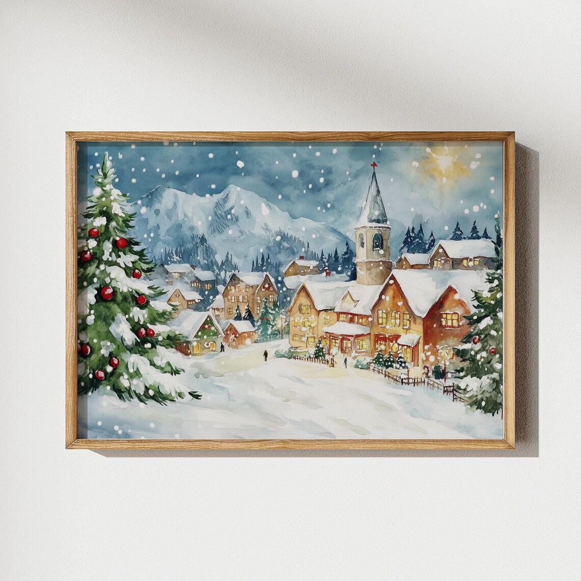 Snowy Christmas Village with Church Steeple at Night Painting Poster