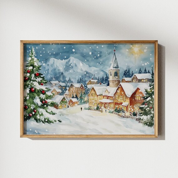 Snowy Christmas Village with Church Steeple at Night Painting Poster