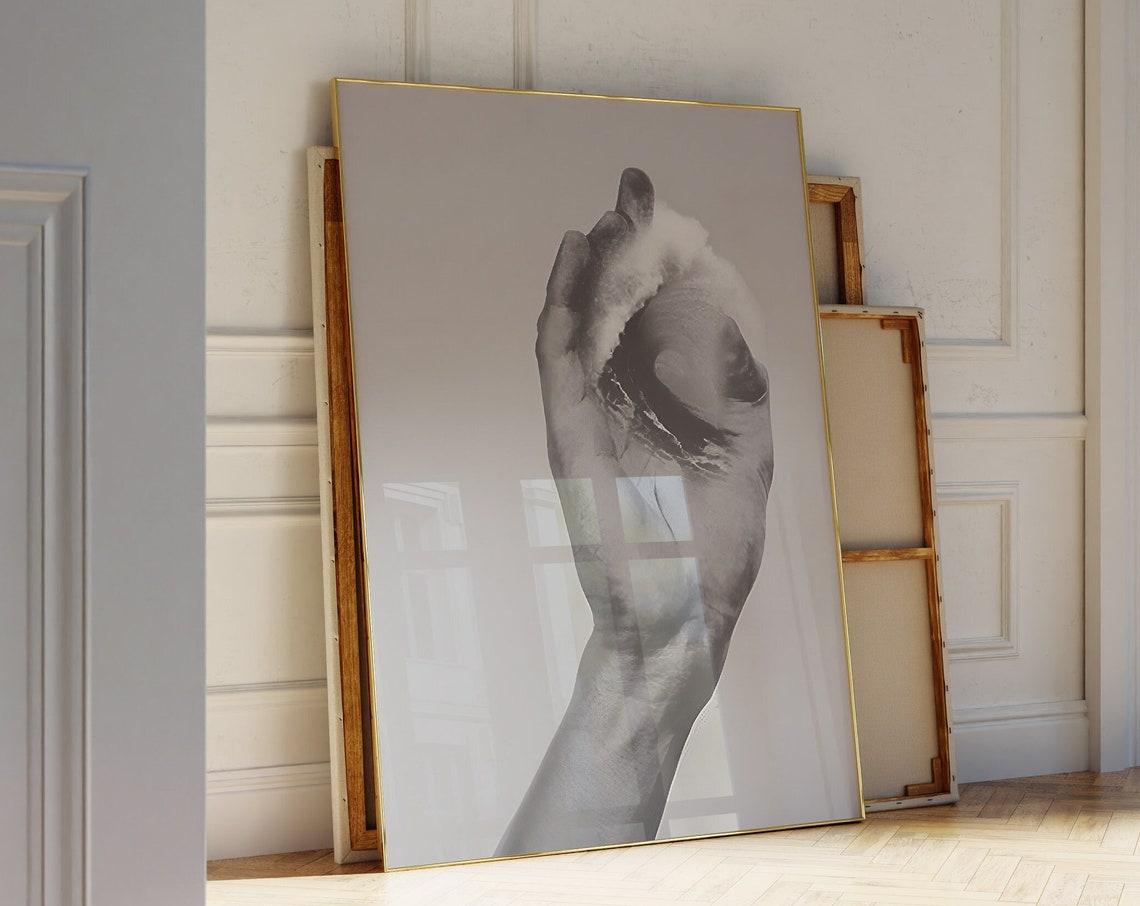 Hand Holding Ocean Wave Minimal Beige Collage Calming Surf Art Poster