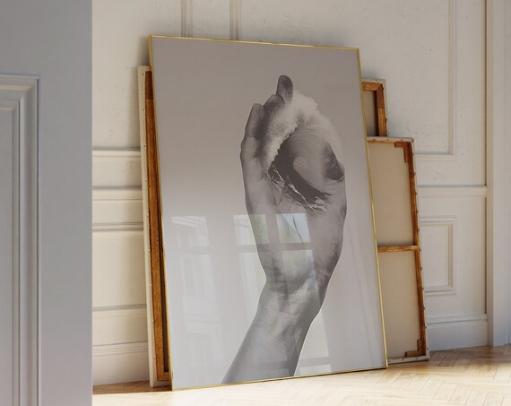 Hand Holding Ocean Wave Minimal Beige Collage Calming Surf Art Poster