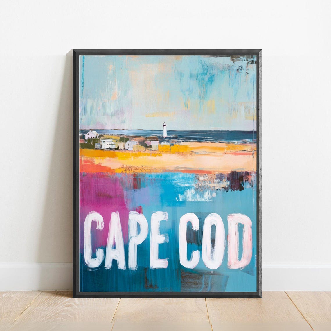 Cape Cod Lighthouse Beach Abstract Blue Coastal Travel Poster