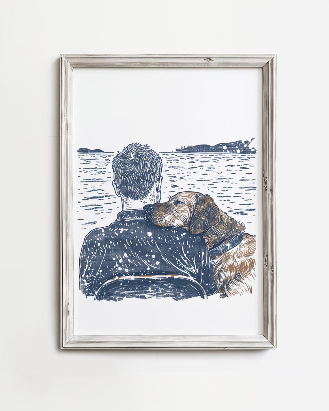 Man And Golden Retriever Watching Lake Bond Navy Line Art Poster