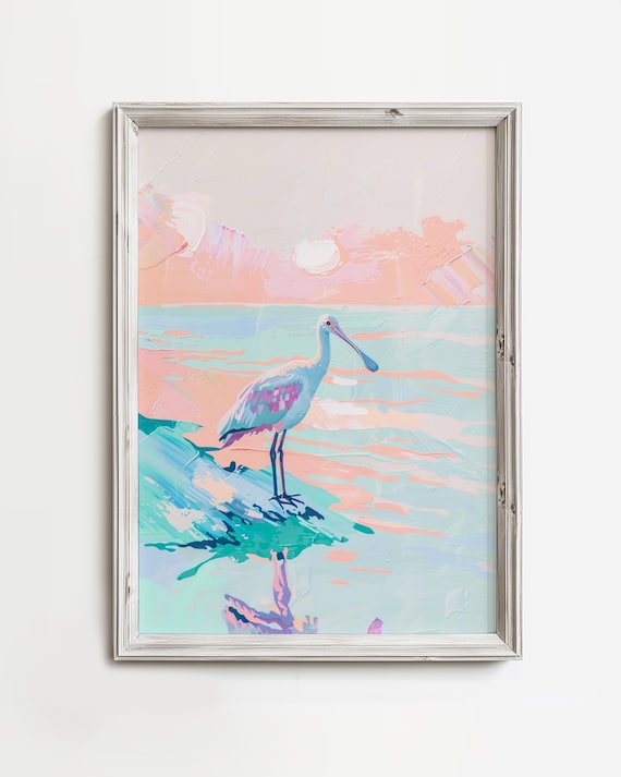 Roseate Spoonbill Fishing Pastel Pink Coastal Bird Art Poster