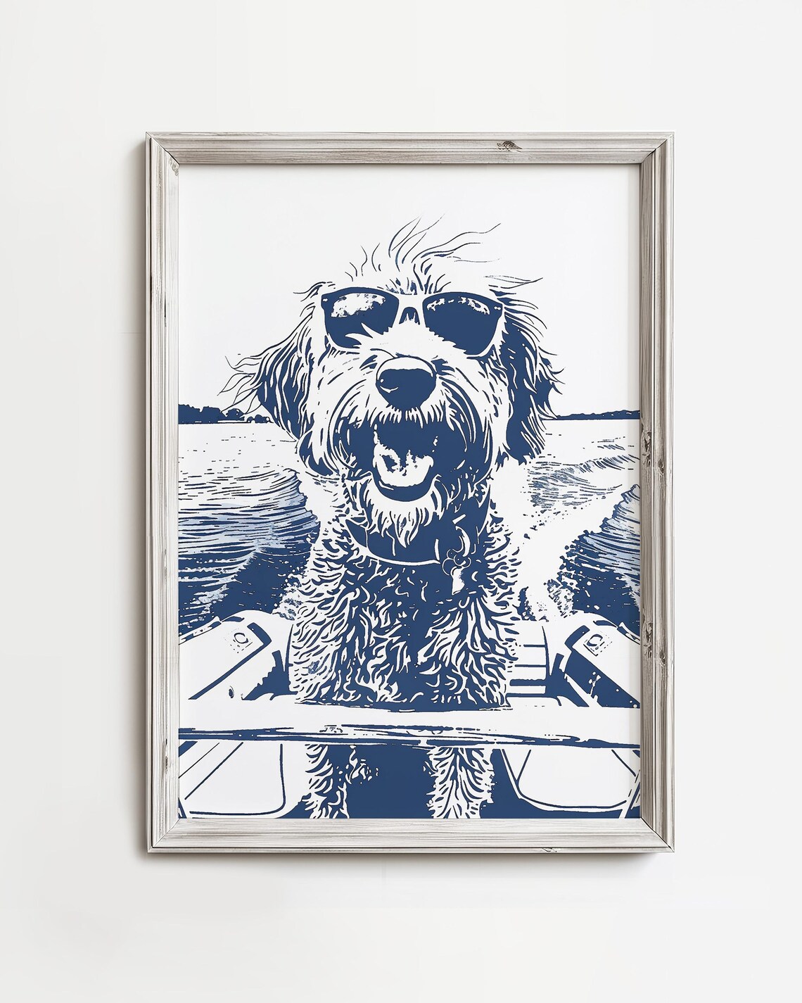 Boating Golden Doodle In Shades Art Print, Coastal Cottage
