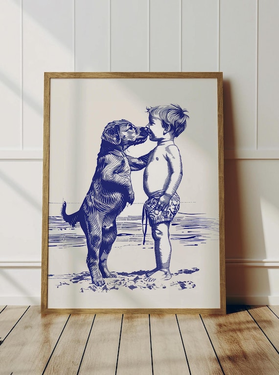Dog Kissing Boy Beach Day Navy Blue Sketch Coastal Nursery Poster