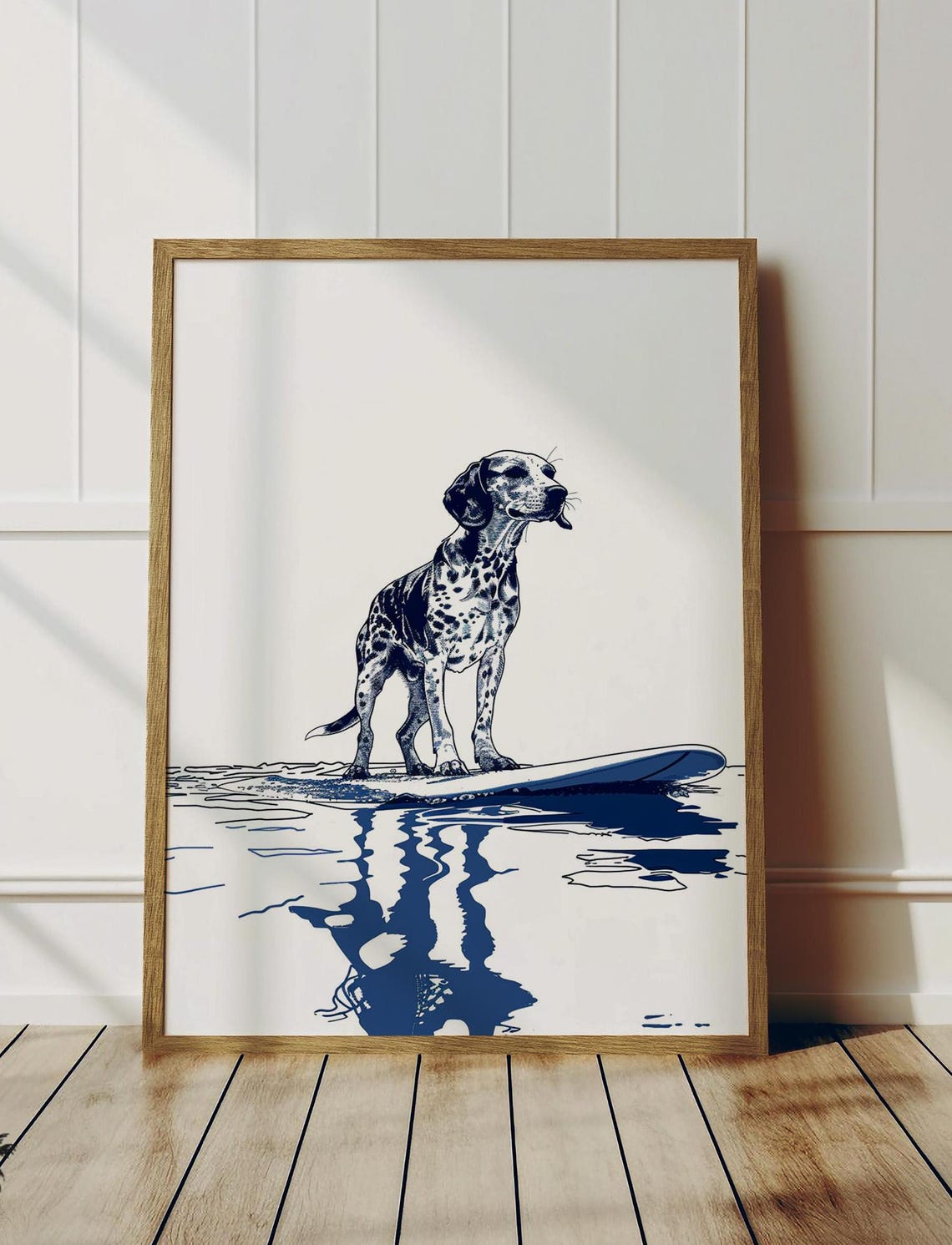 Spotted Surf Dog on Surfboard Navy Blue Coastal Line Art Poster