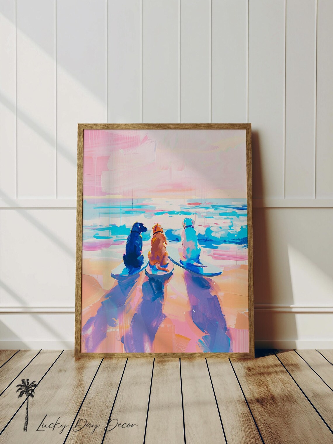 Happy Dogs Watching the Surf, Coastal Canine Art Print