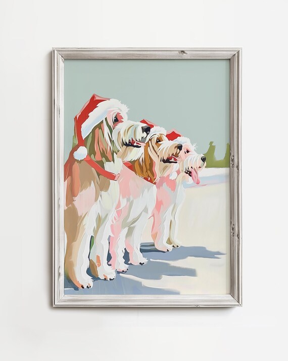 Three Happy Dogs in Santa Hats Whimsical Christmas Painting Dog Lover Poster