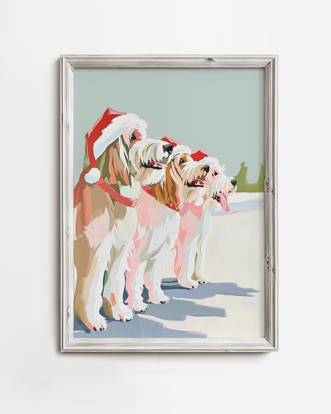 Three Happy Dogs in Santa Hats Whimsical Christmas Painting Dog Lover Poster