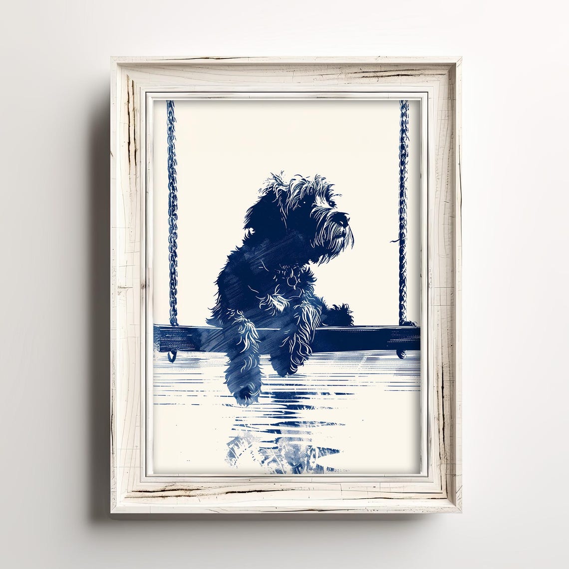 Scruffy Puppy Dog On Swing Over Water Navy Blue Sketch Art Poster