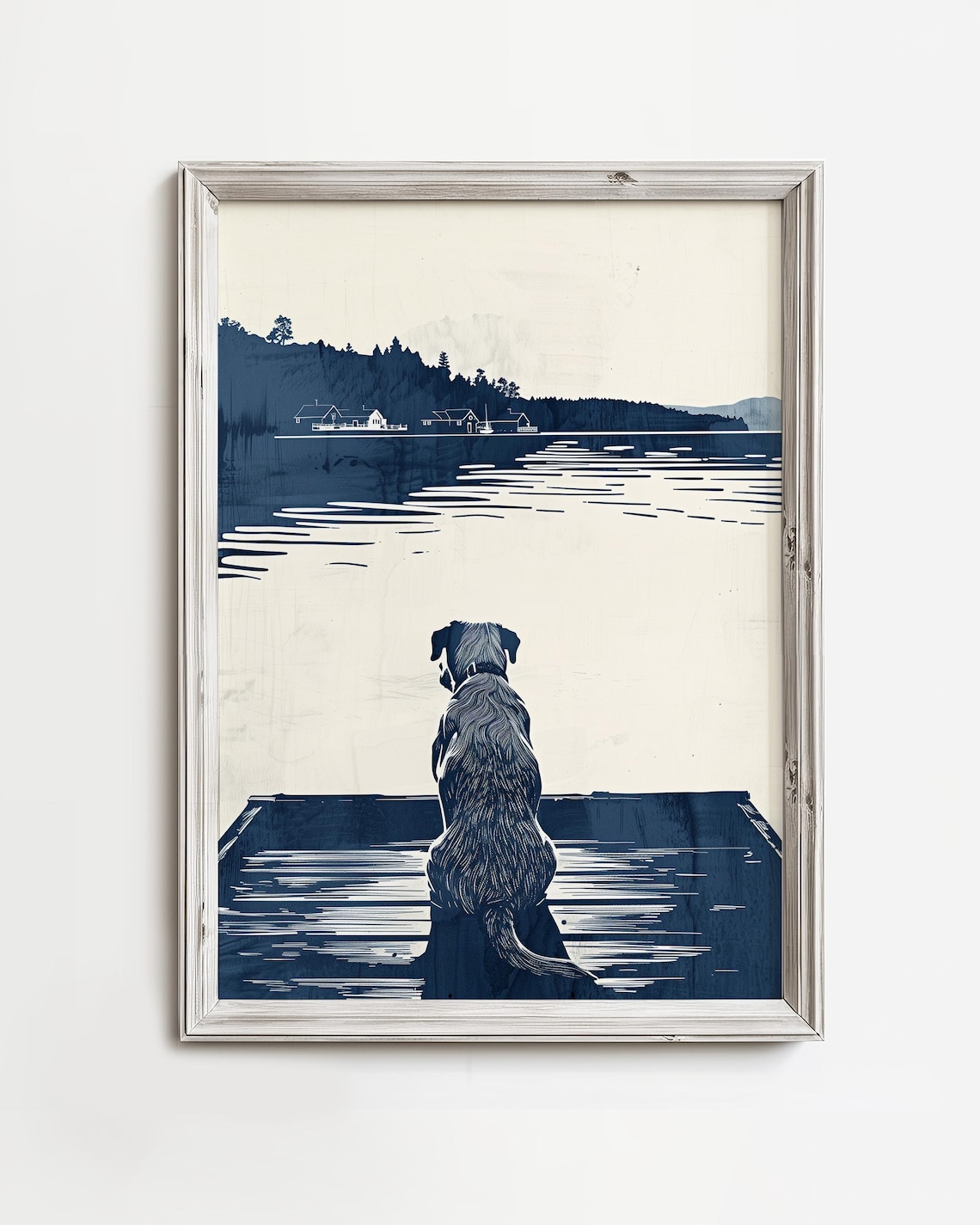 Golden Labrador On Dock Lake Art Print, Coastal Cottage