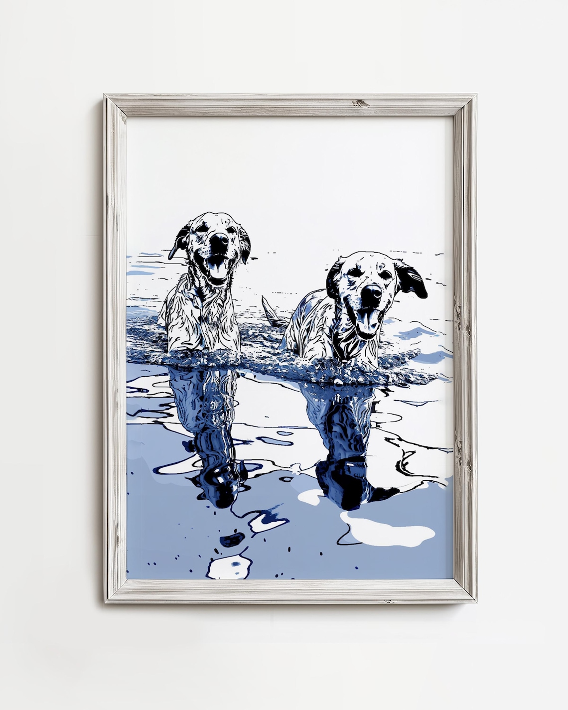 Yellow Labs Walking in Lake Summertime Sketch Art