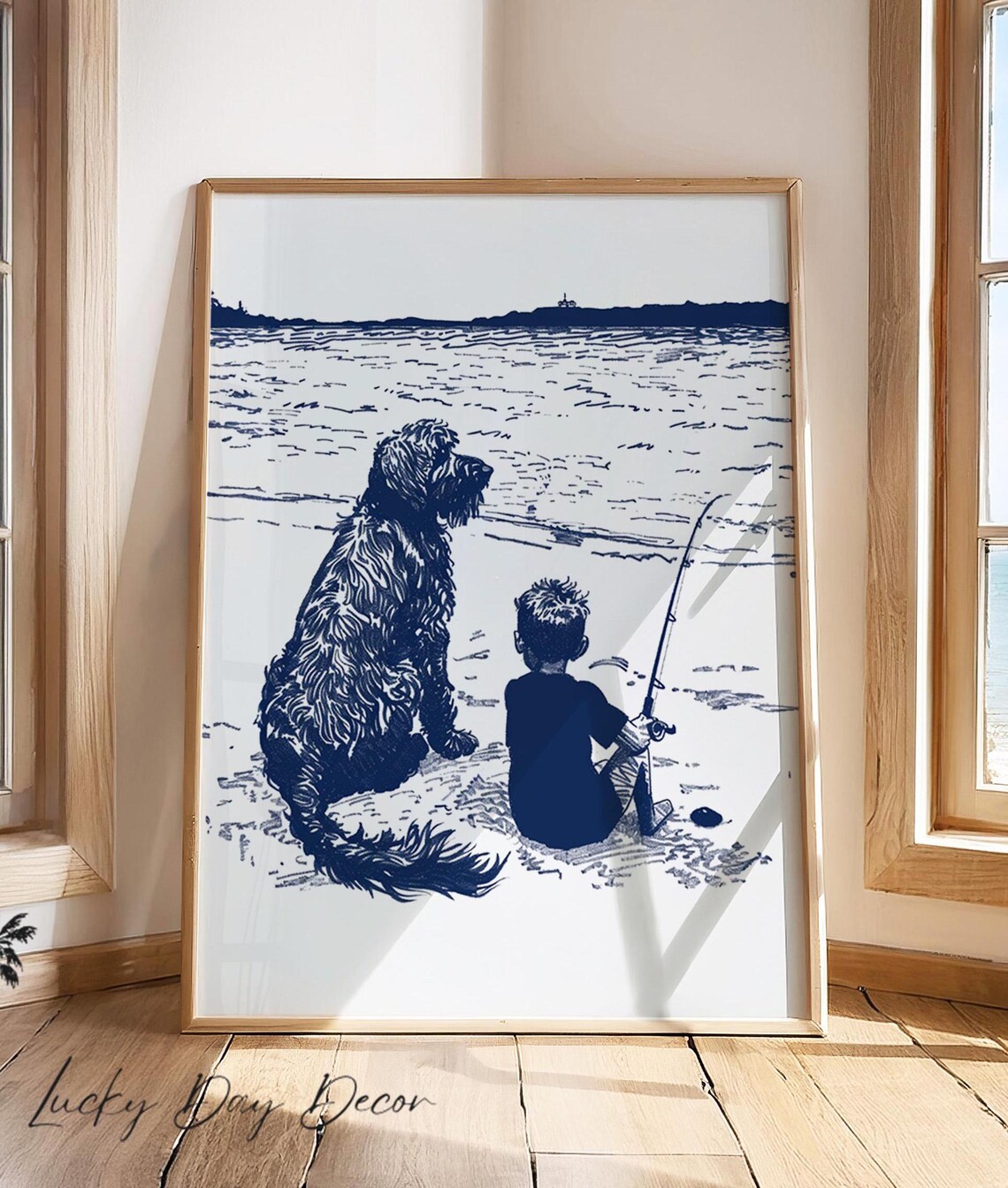 Boy Fishing With Shaggy Dog On Beach Navy Blue Vintage Coastal Art Print