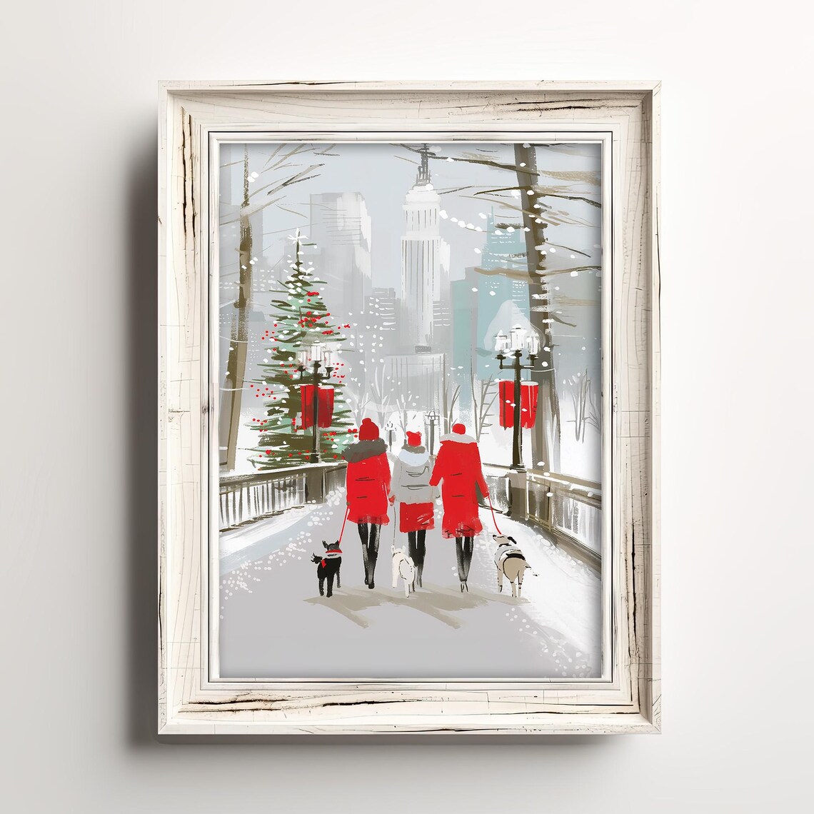 Snowy City Street Stroll With Dogs in Red Coats and Christmas Tree Poster