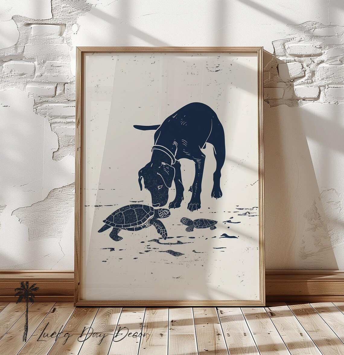 Curious Dog Finds Sea Turtles, Vintage Coastal Art Print