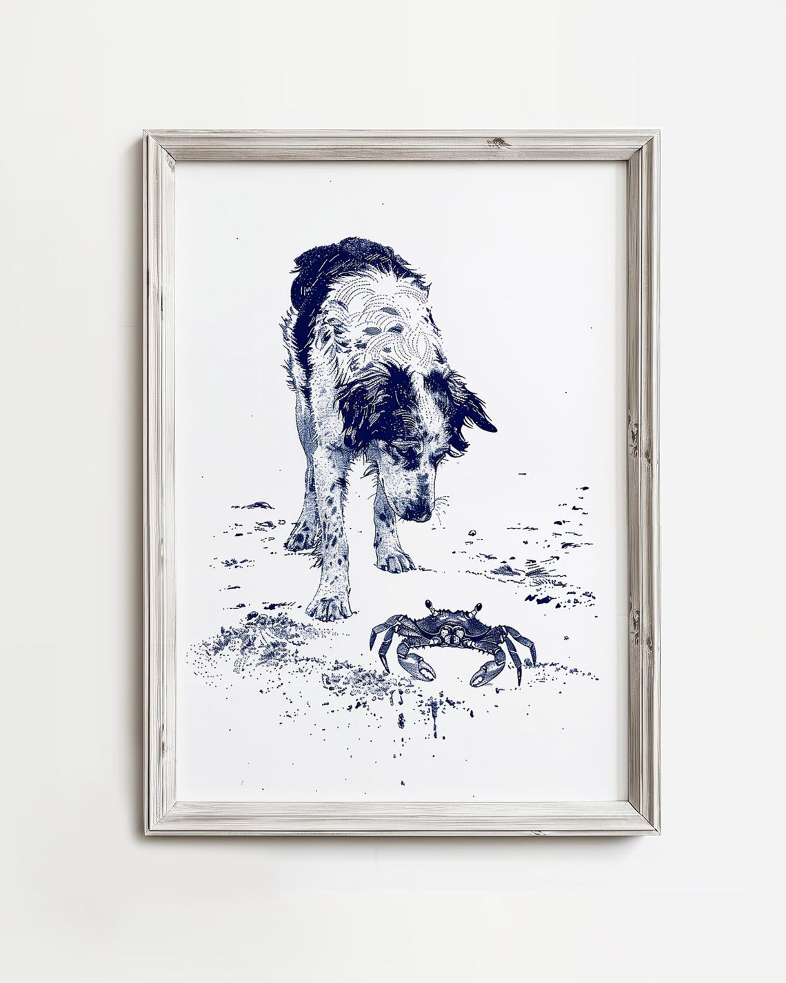 Australian Shepherd Sniffing Crab Beach Navy Watercolor Dog Poster