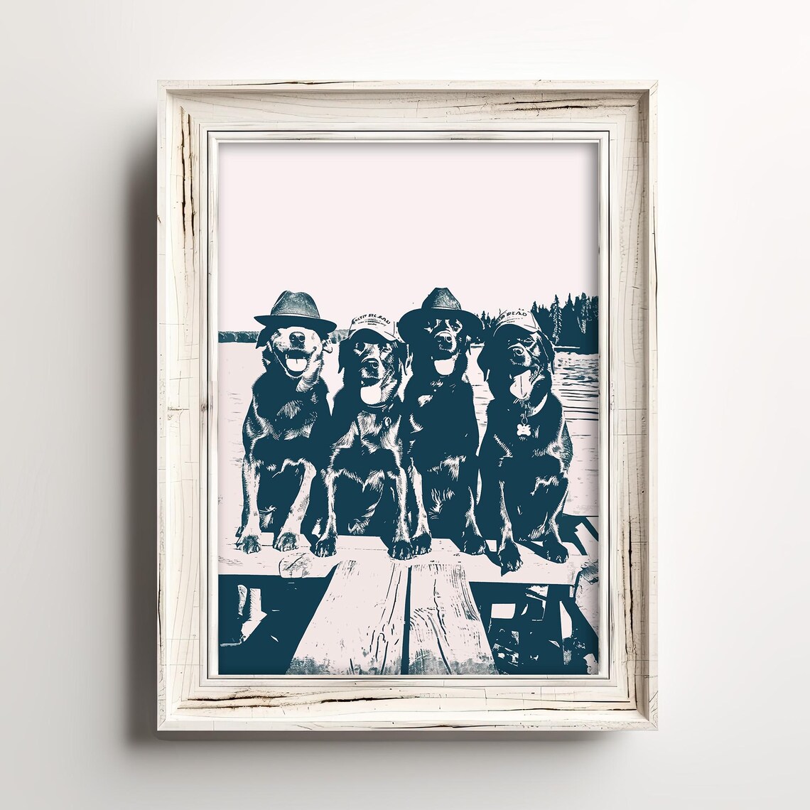 Vintage Wise Dogs Waterside Art Print, Rustic Dog