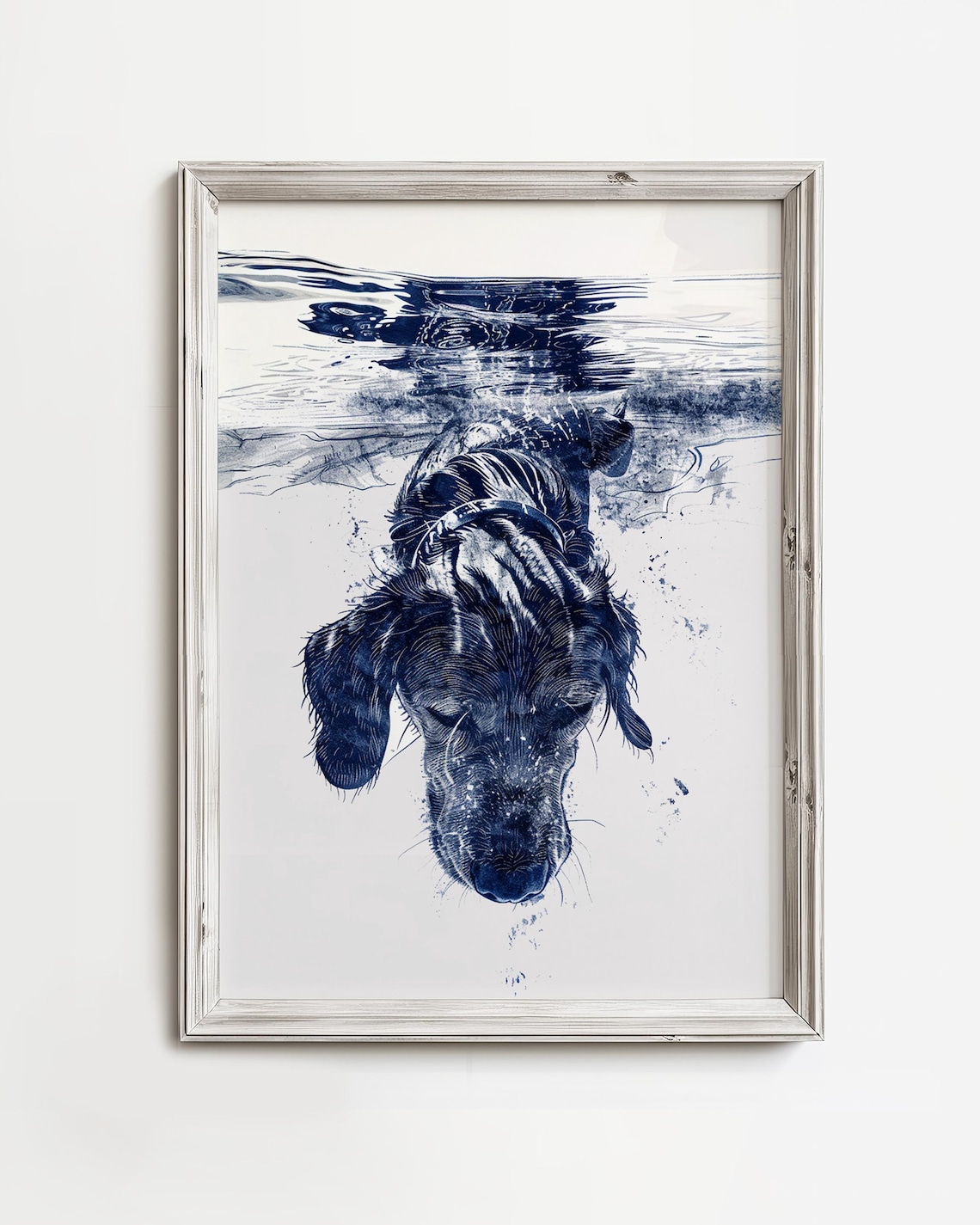Dog Diving Underwater Navy Ink Sketch Fun Waterdog Art Poster