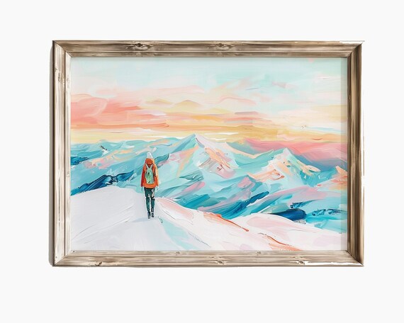 Hiker on Snowy Mountain Ridge at Sunrise Pastel Painting Poster