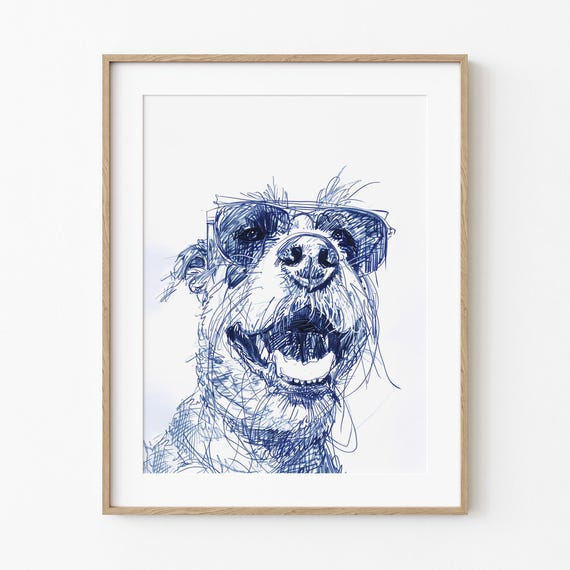 Hairy Dog In Shades Funny Smiling Wall Art Happy Big Drawing Pet Best Friend Lover Gift Simple Blue Sketch Print