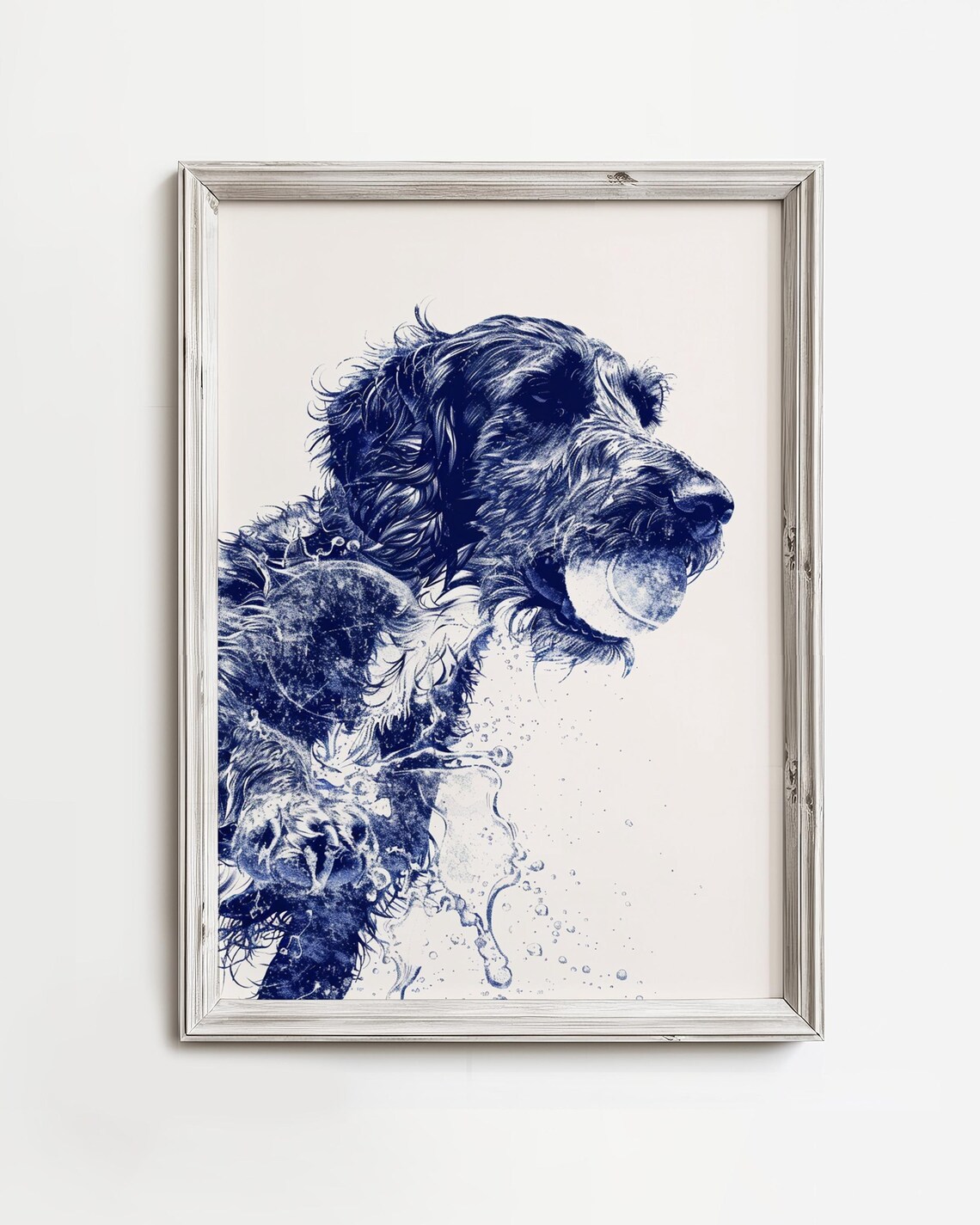 Wet Curly Dog Shaking Off Water Navy Blue Splash Portrait Poster