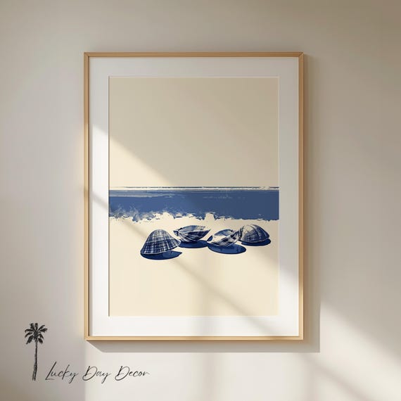 Beach Shells Blissful Art Seashell Lover Print Minimalist Decor Nautical Rustic Blue Sketch Coastal Ocean Cottage