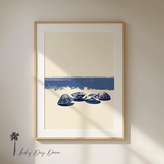Serene Minimalist Navy Seashell Beach Scene Coastal Wall Poster