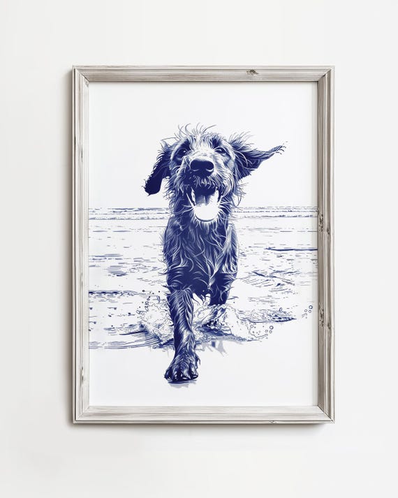 Happy Ocean Doodle Delightful Coastal Dog Art Beach Walking Lake Cottage Water Decor Minimalist Blue Sketch Print