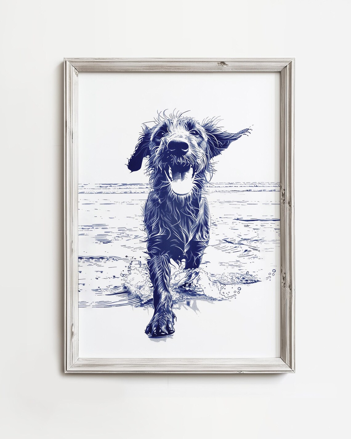 Happy Shaggy Dog Running on the Beach Indigo Monochrome Art Poster