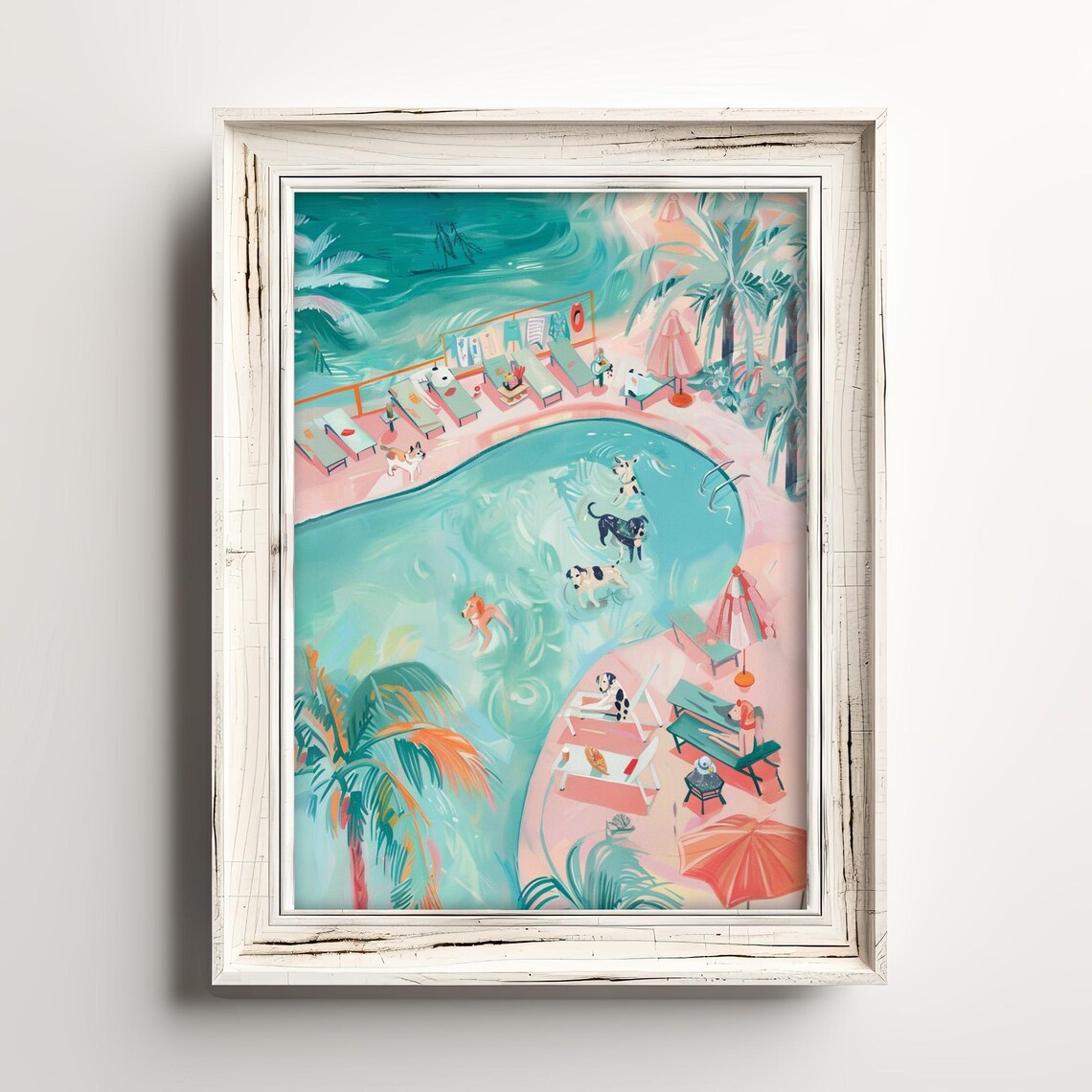 Dog Pool Party Day Pastel Aerial View Summer Fun Scene Art Poster