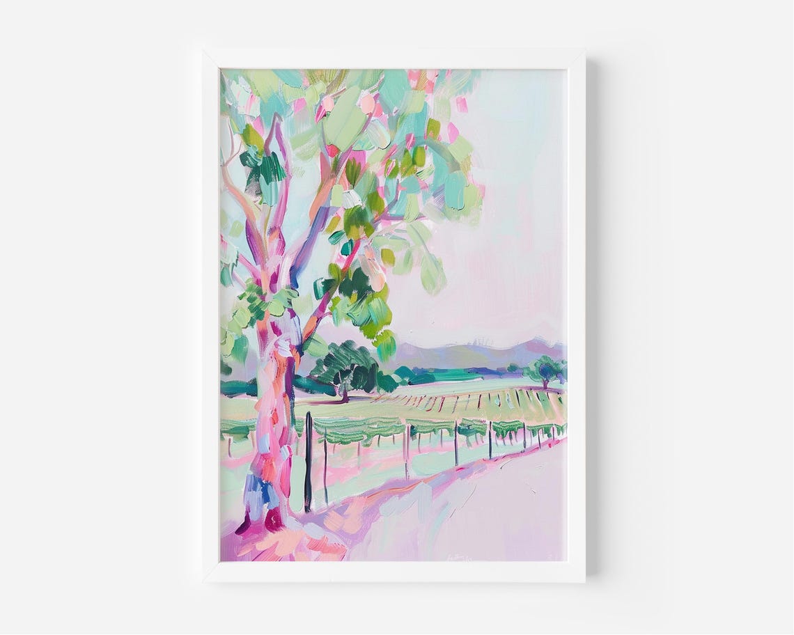 Pastel Tree Beside Vineyard Rows Dreamy Landscape Painting Poster